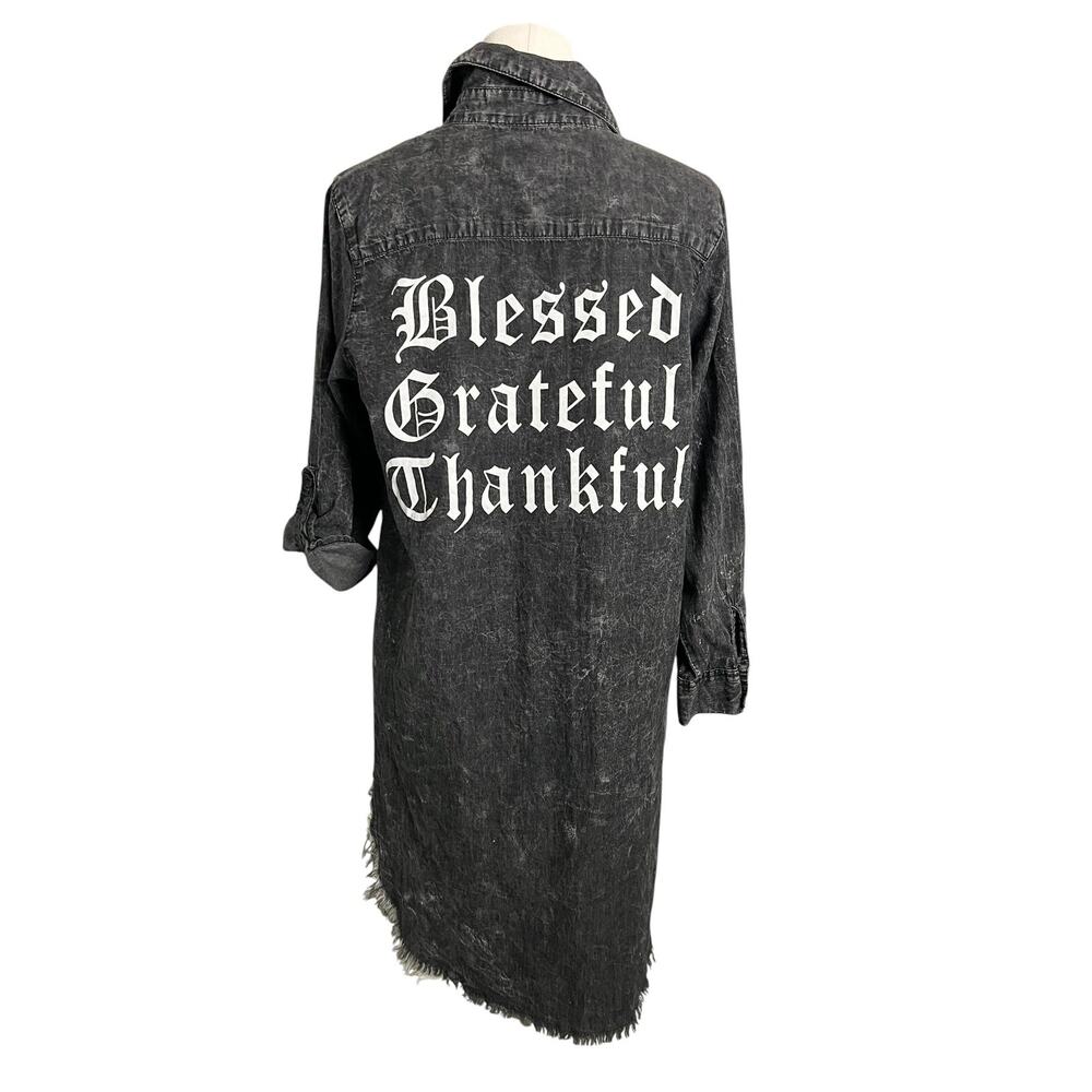Thrill Jeans Shirt Dress Womens Large Gray Distressed Blessed Grateful Thankful - Picture 5 of 9